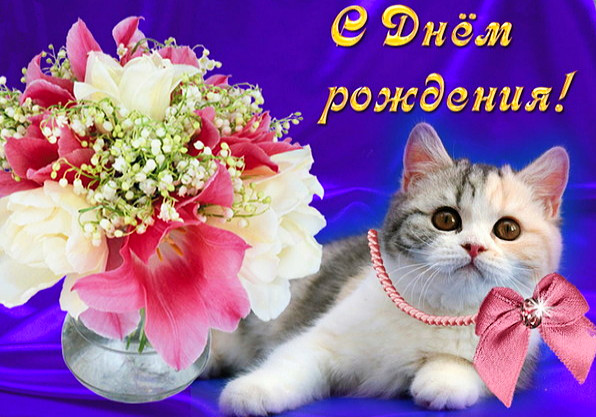 Открытка с днем рождения женщине, котенок с цветами.